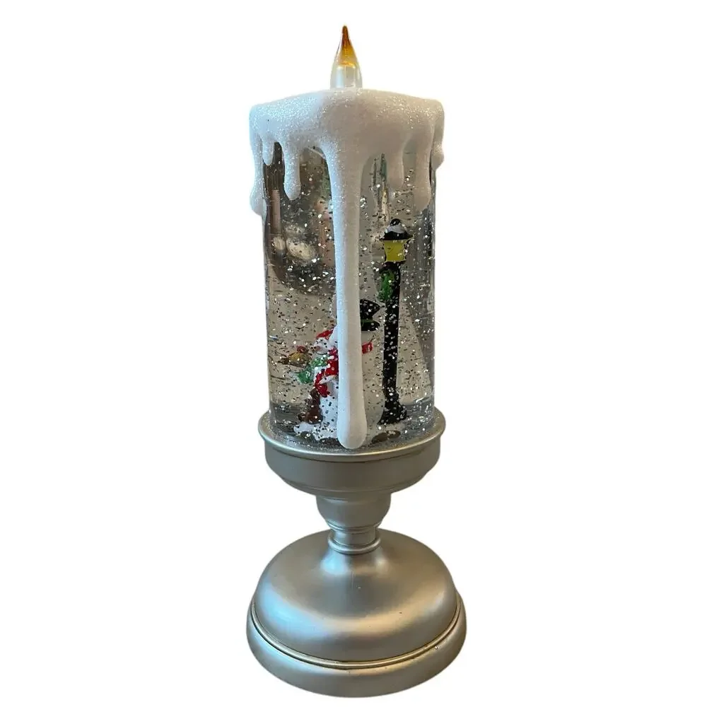 Illuminated Silver Glitter Pedestal Candle 13in Christmas Holiday Snowman New